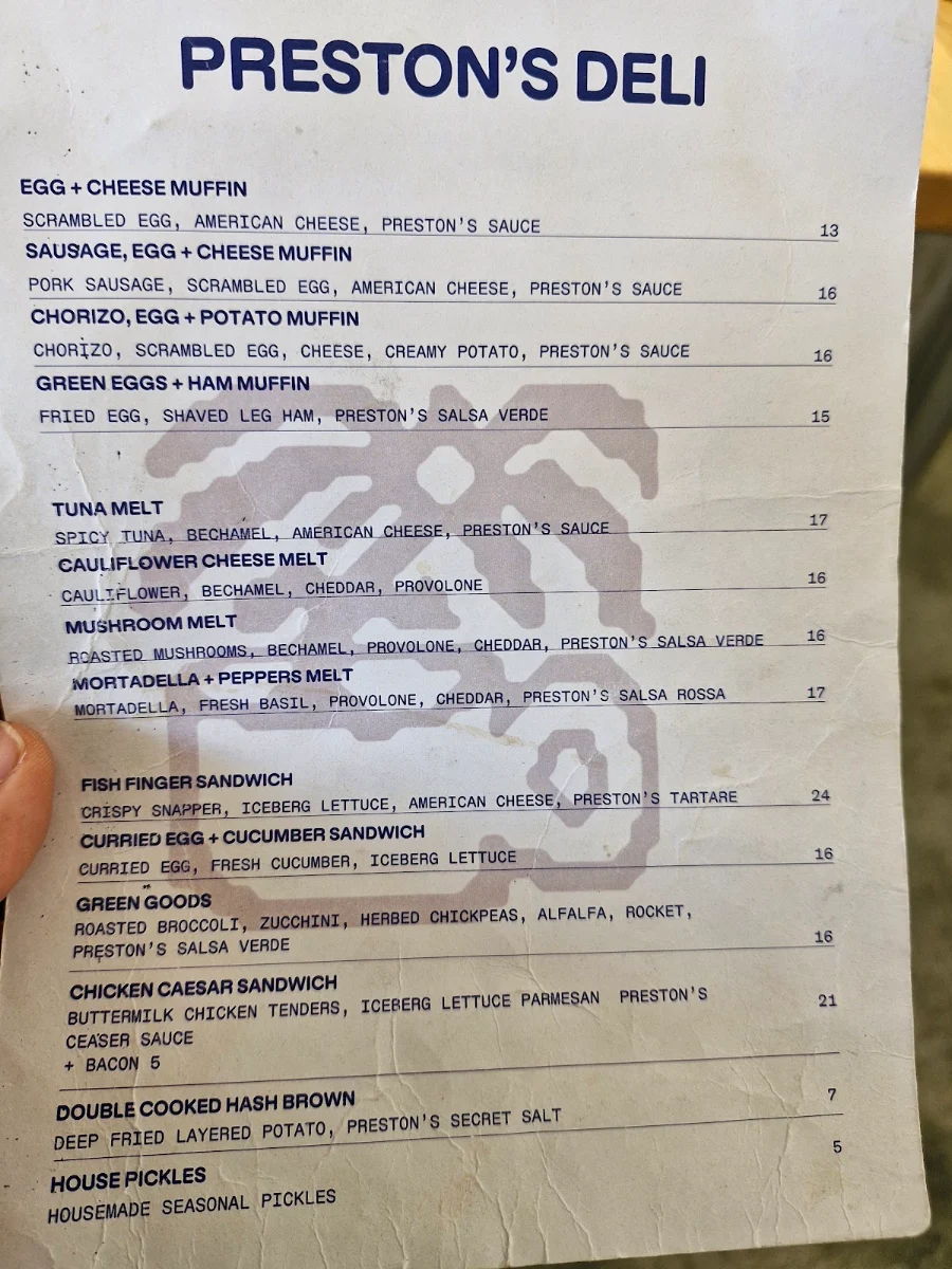 Menu, Preston's Deli
