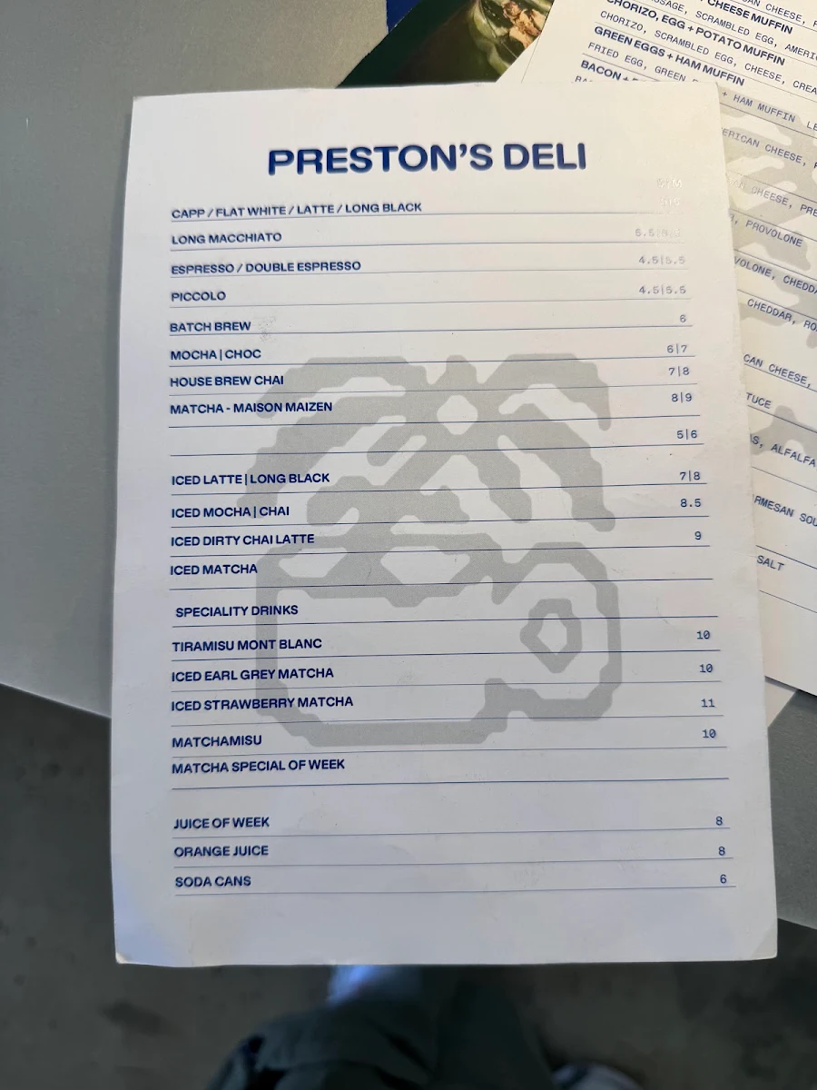 Menu, Preston's Deli