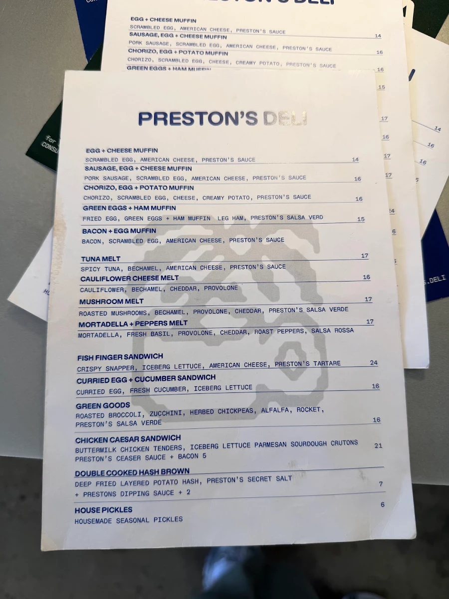 Menu, Preston's Deli