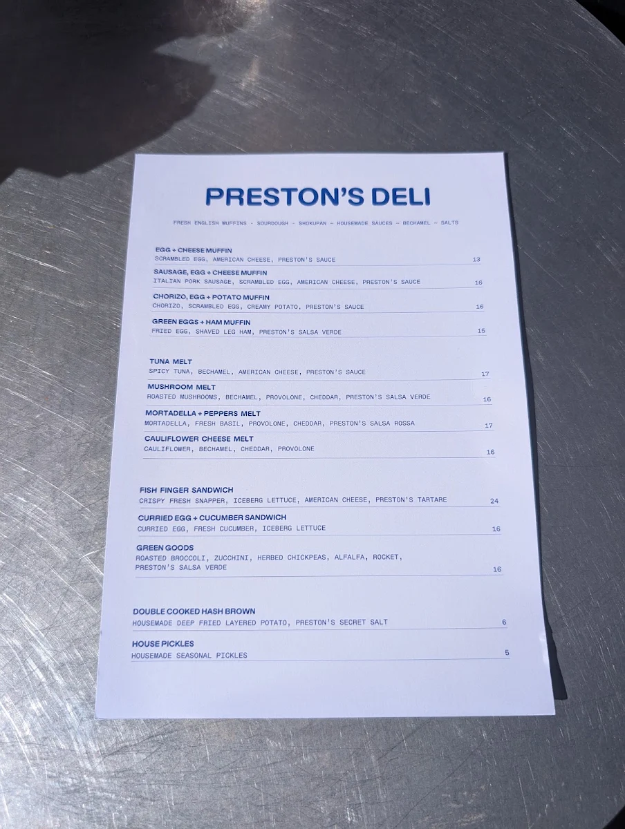 Menu, Preston's Deli