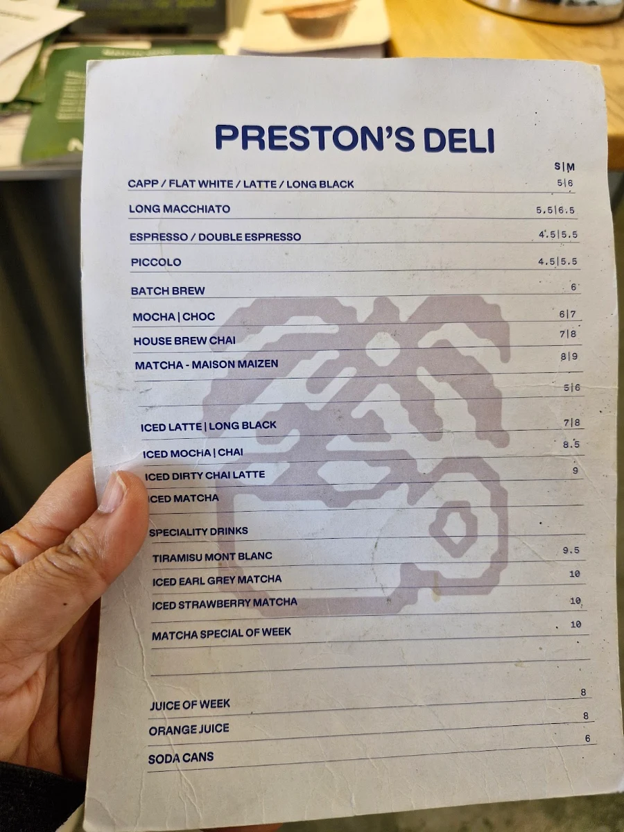 Menu, Preston's Deli