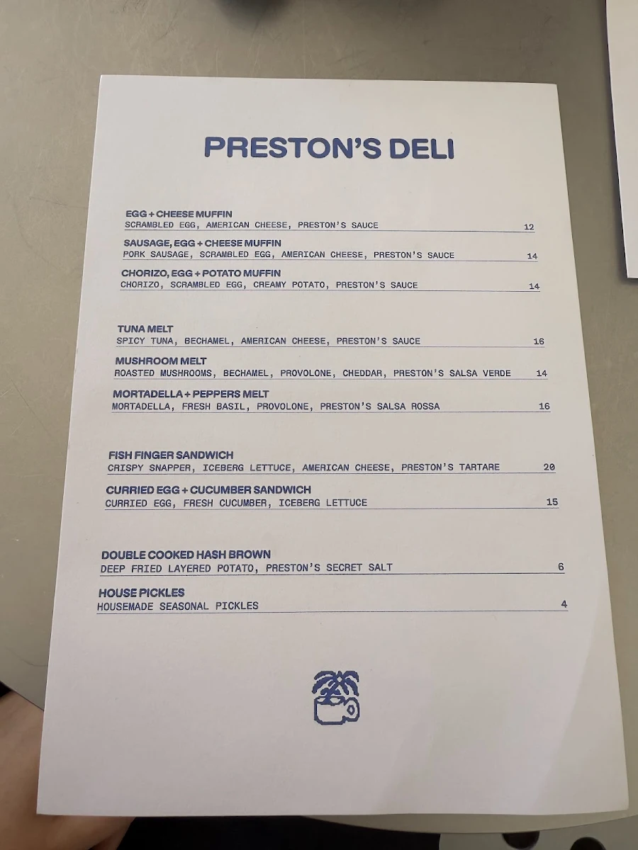 Menu, Preston's Deli