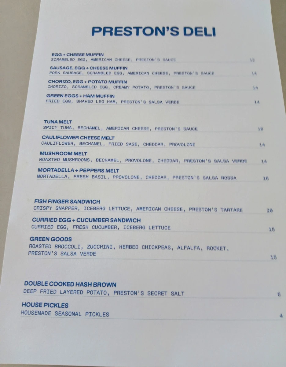 Menu, Preston's Deli