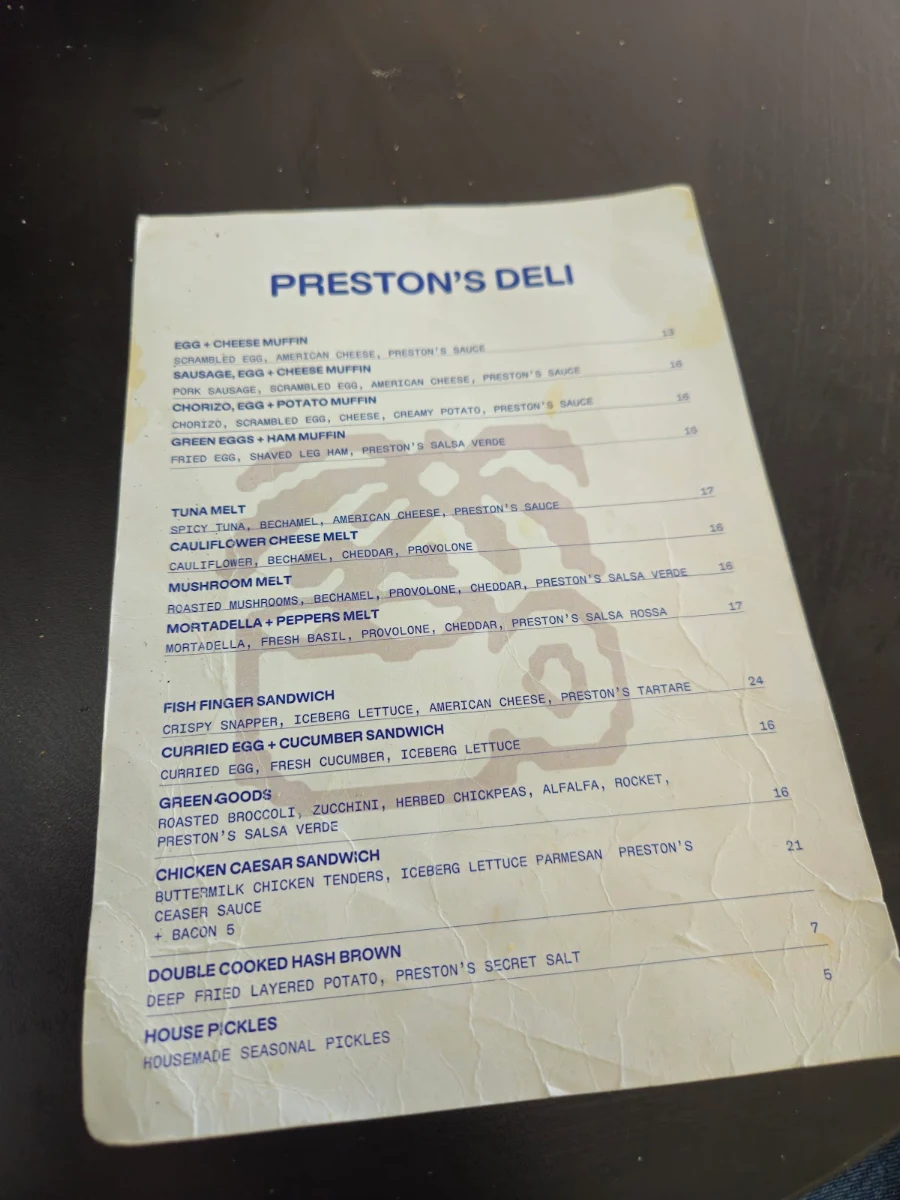 Menu, Preston's Deli