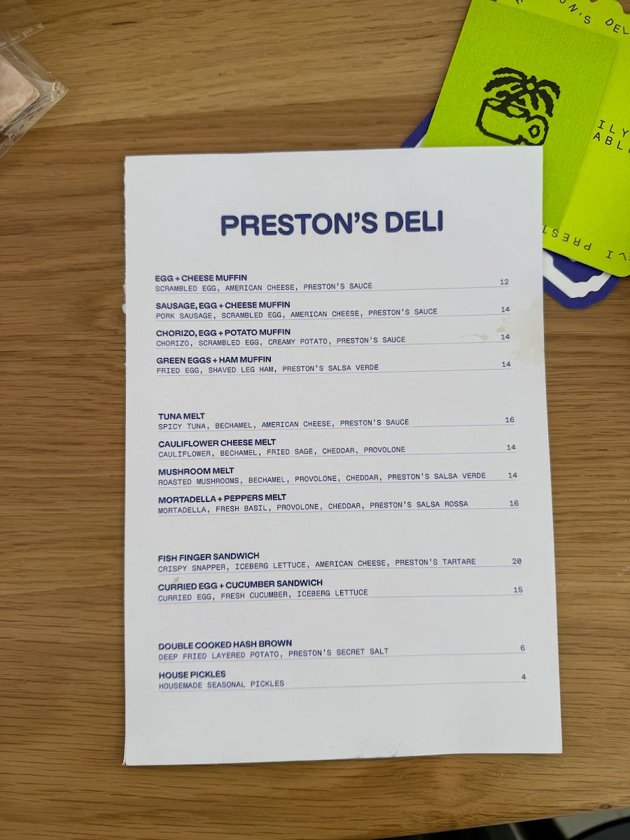 Menu, Preston's Deli