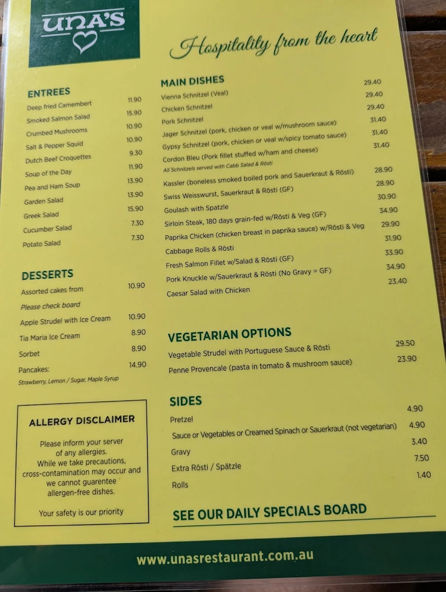 Menu, Una's