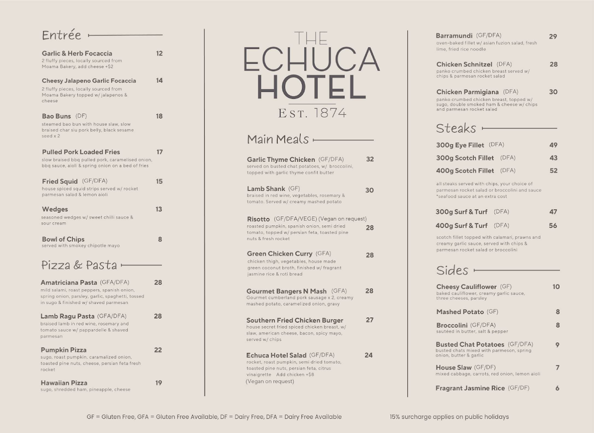 Menu, The Echuca Hotel