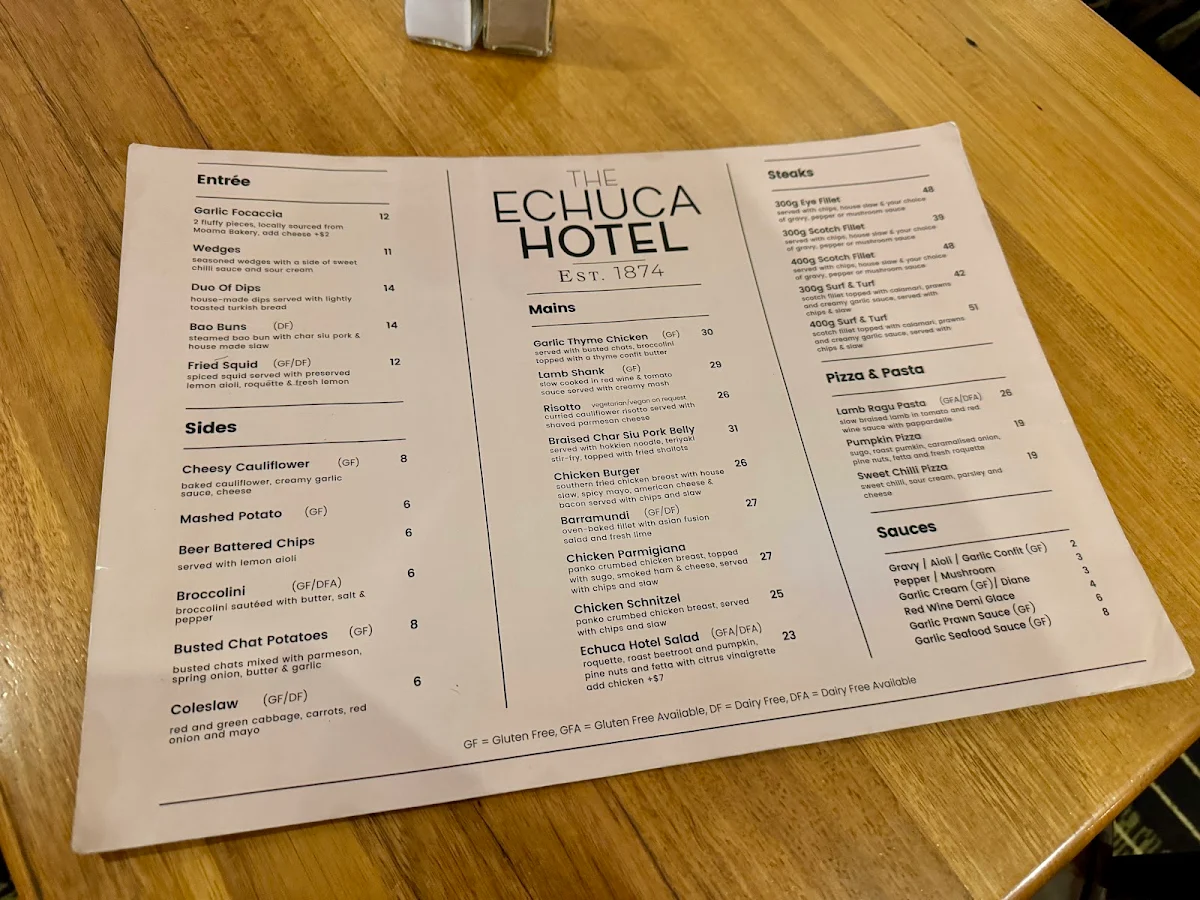 Menu, The Echuca Hotel