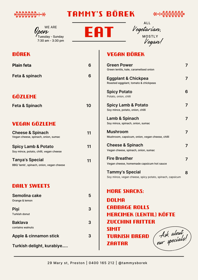 Menu, Tammy’s Borek