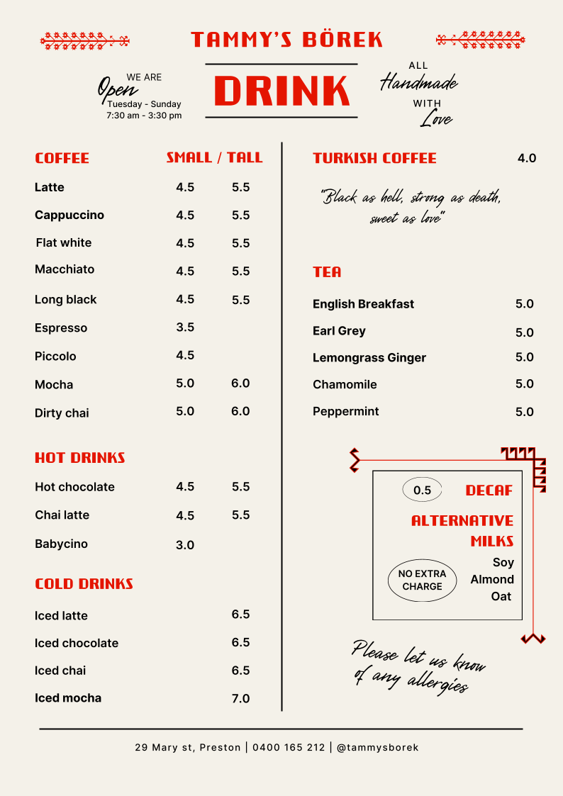 Menu, Tammy’s Borek