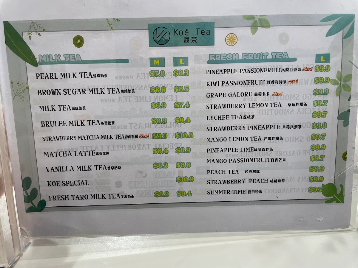 Menu, Koe tea Albury