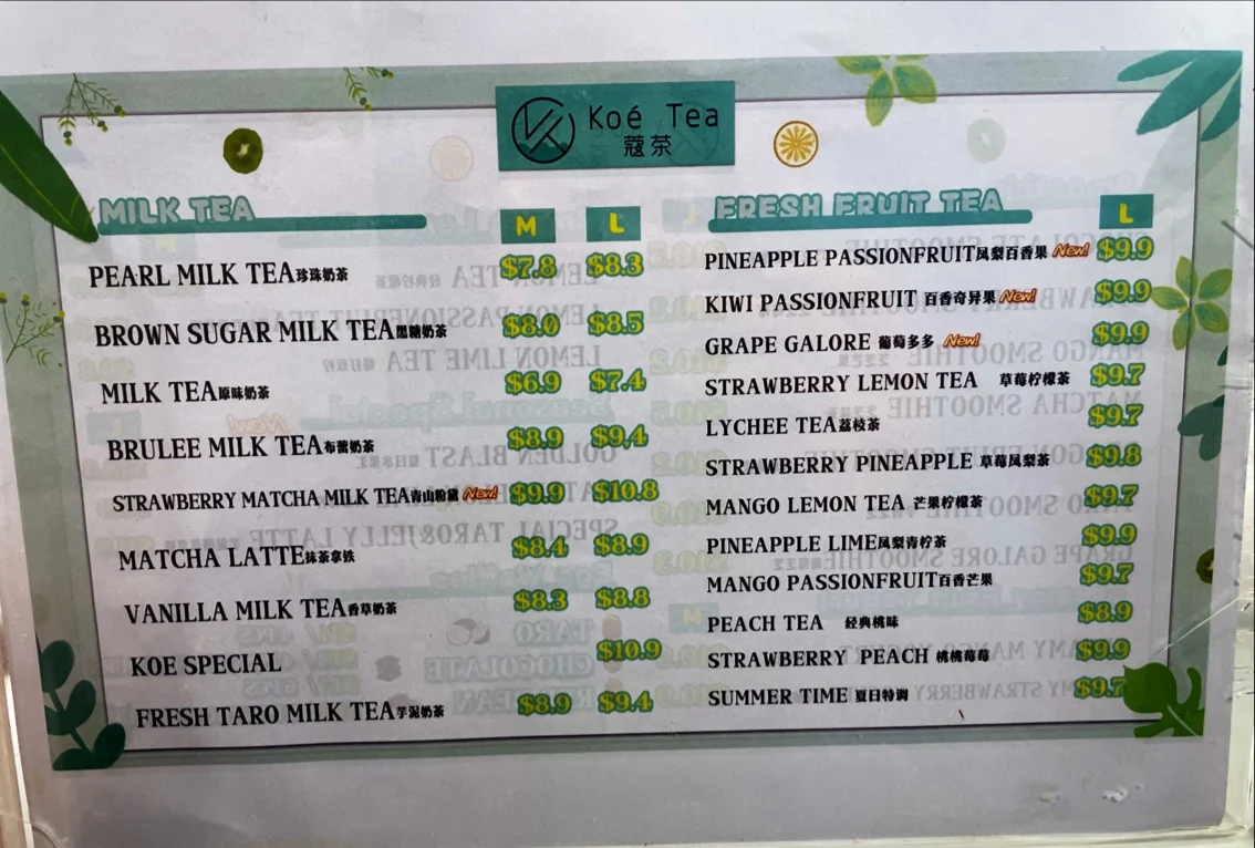 Menu, Koe tea Albury