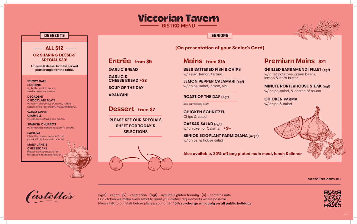 Menu, Castello's Victorian Tavern