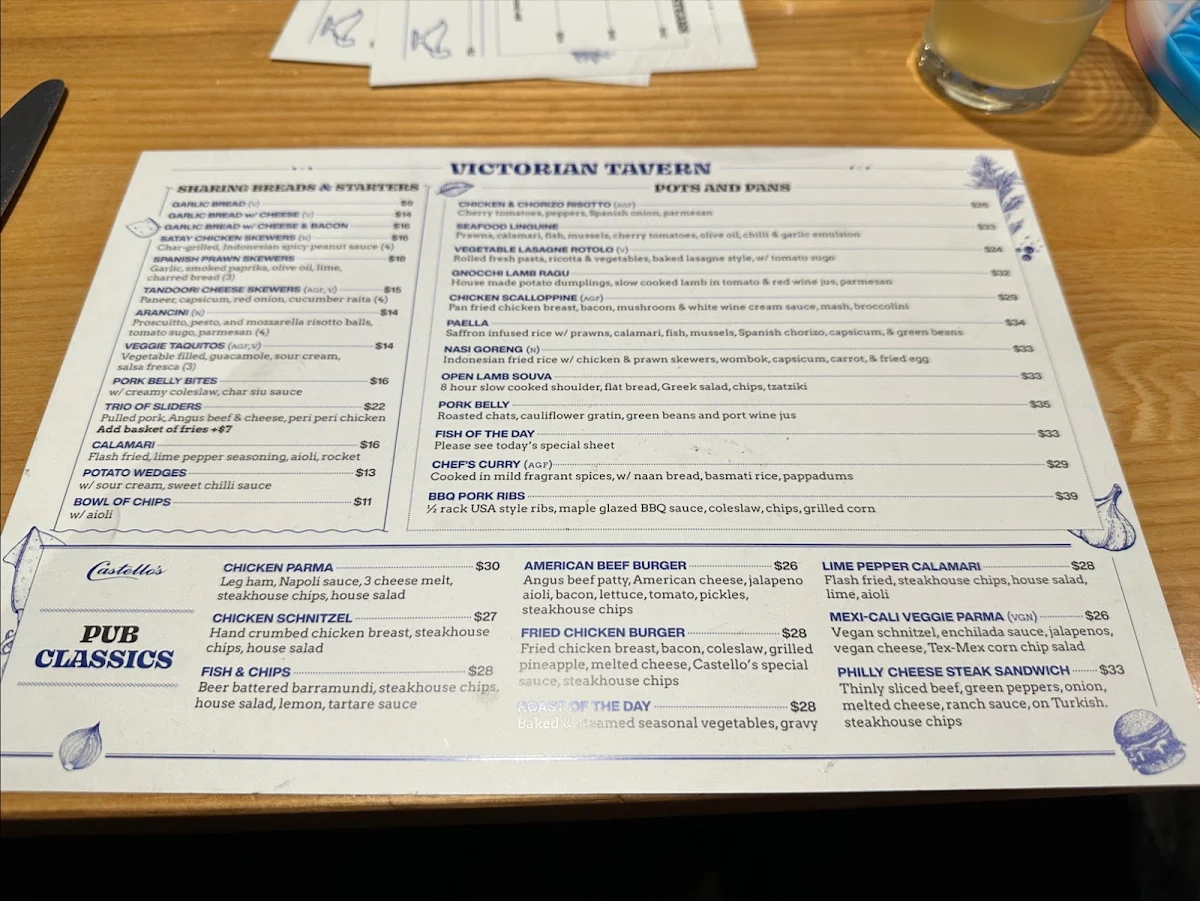 Menu, Castello's Victorian Tavern