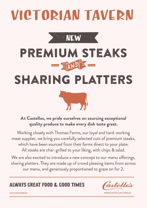 Menu, Castello's Victorian Tavern