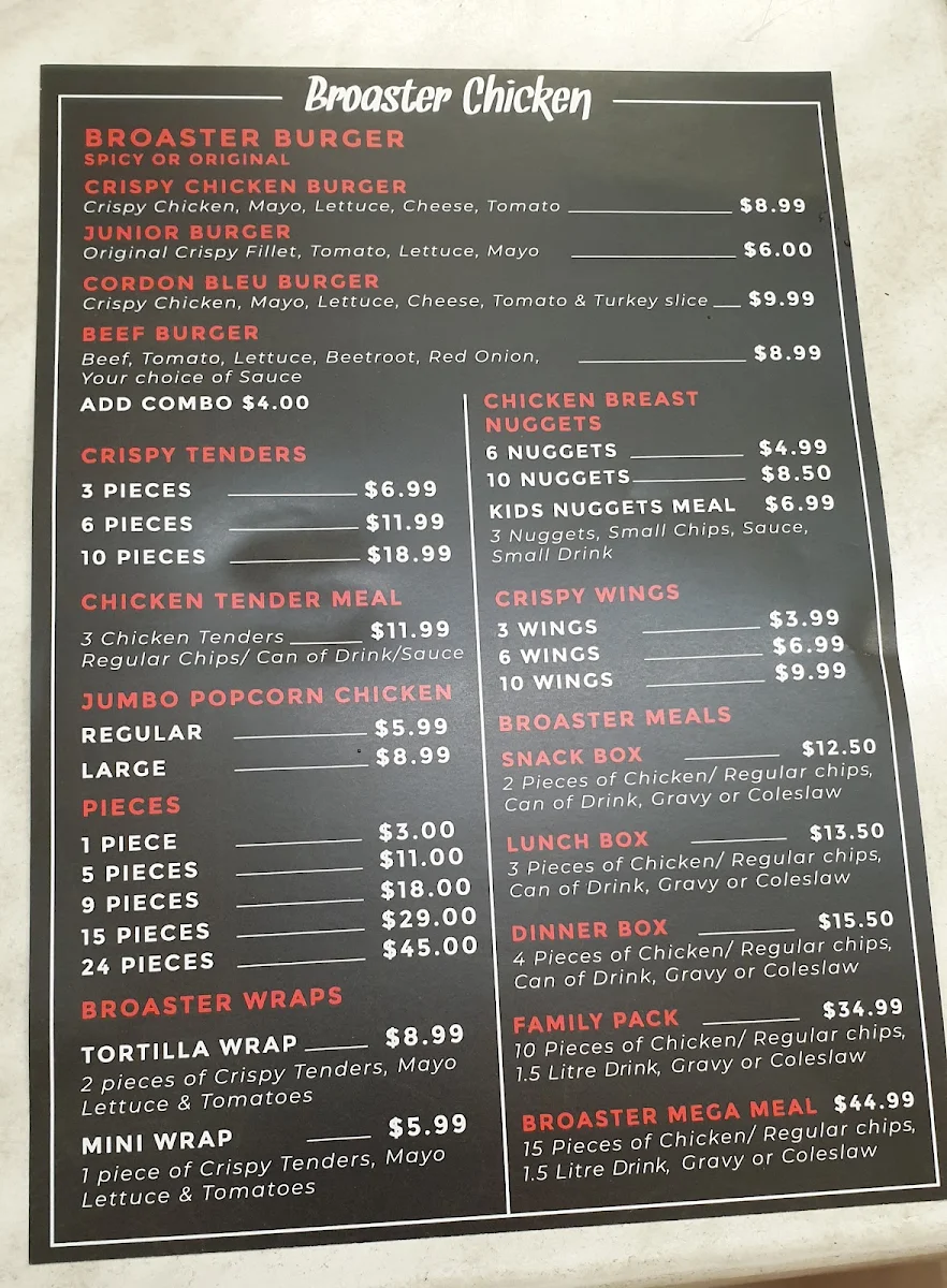 Menu, Broaster Chicken