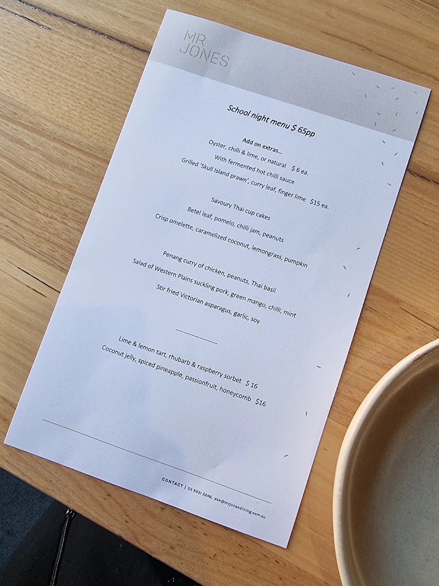 Menu, Mr Jones Dining