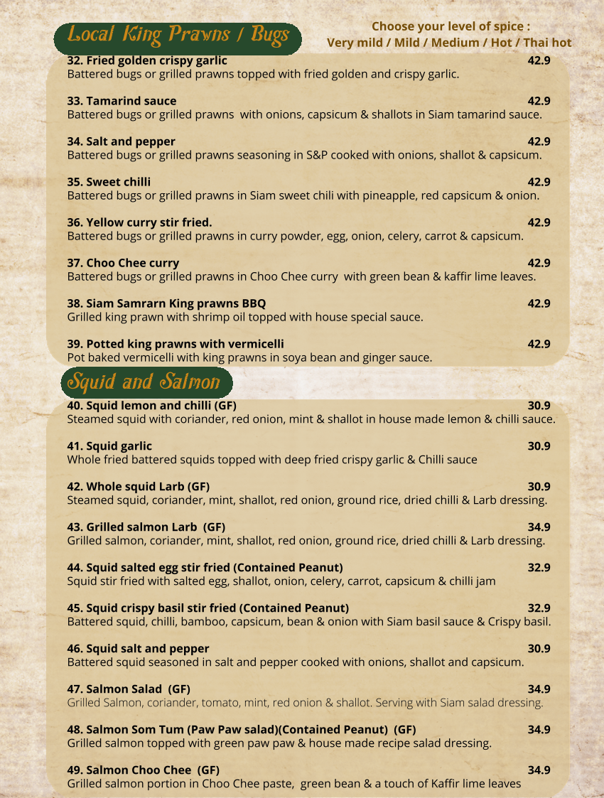 Menu, Siam Samrarn Thai Restaurant Brisbane