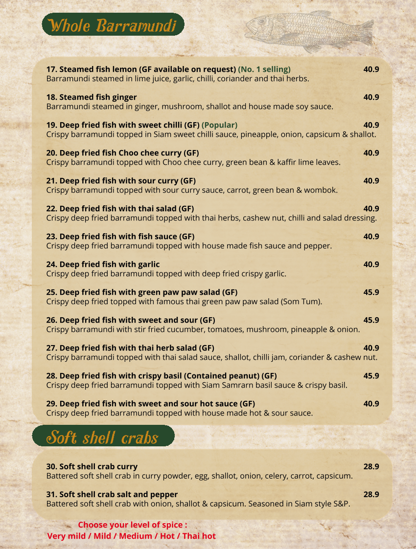 Menu, Siam Samrarn Thai Restaurant Brisbane