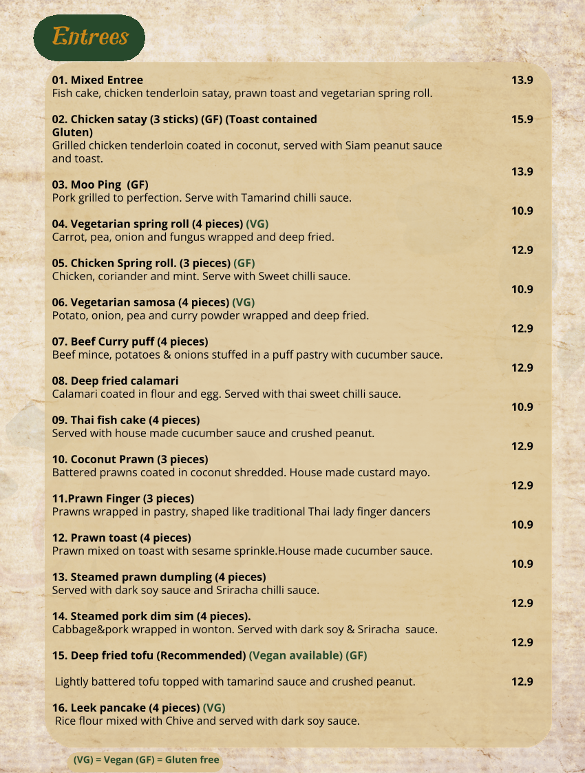 Menu, Siam Samrarn Thai Restaurant Brisbane