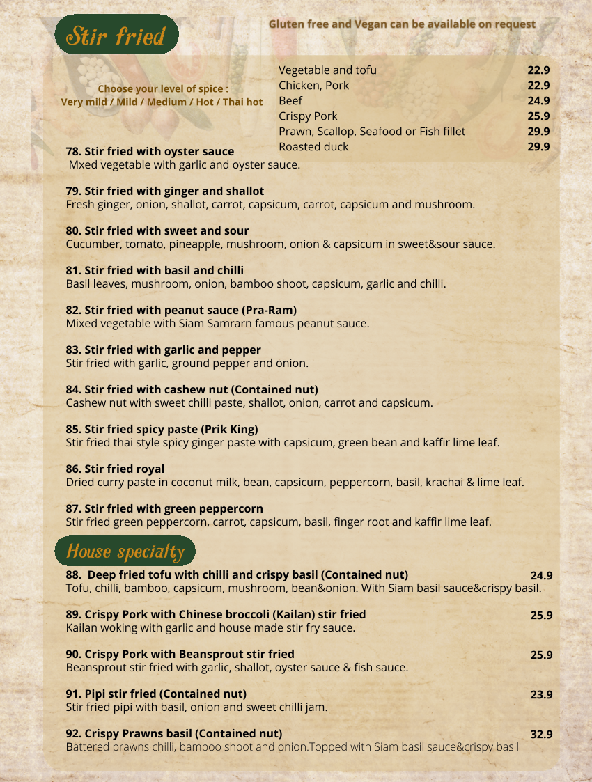 Menu, Siam Samrarn Thai Restaurant Brisbane