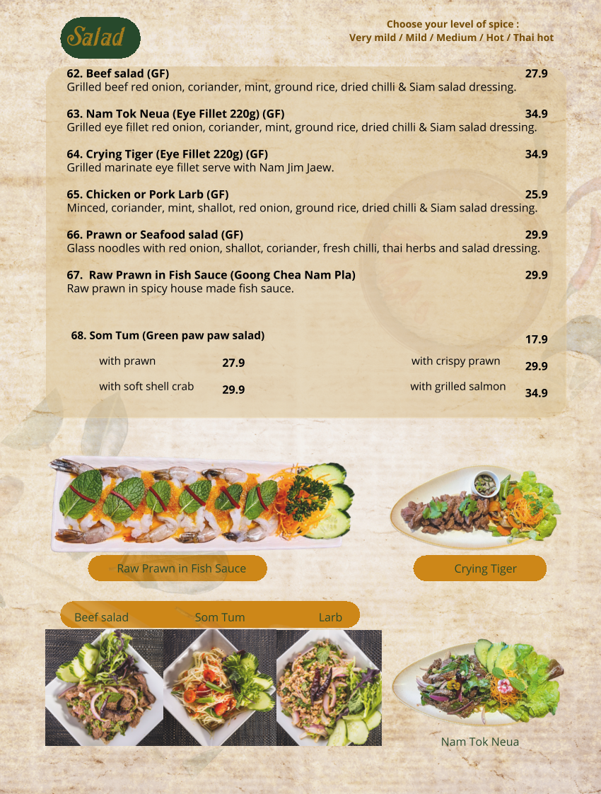 Menu, Siam Samrarn Thai Restaurant Brisbane