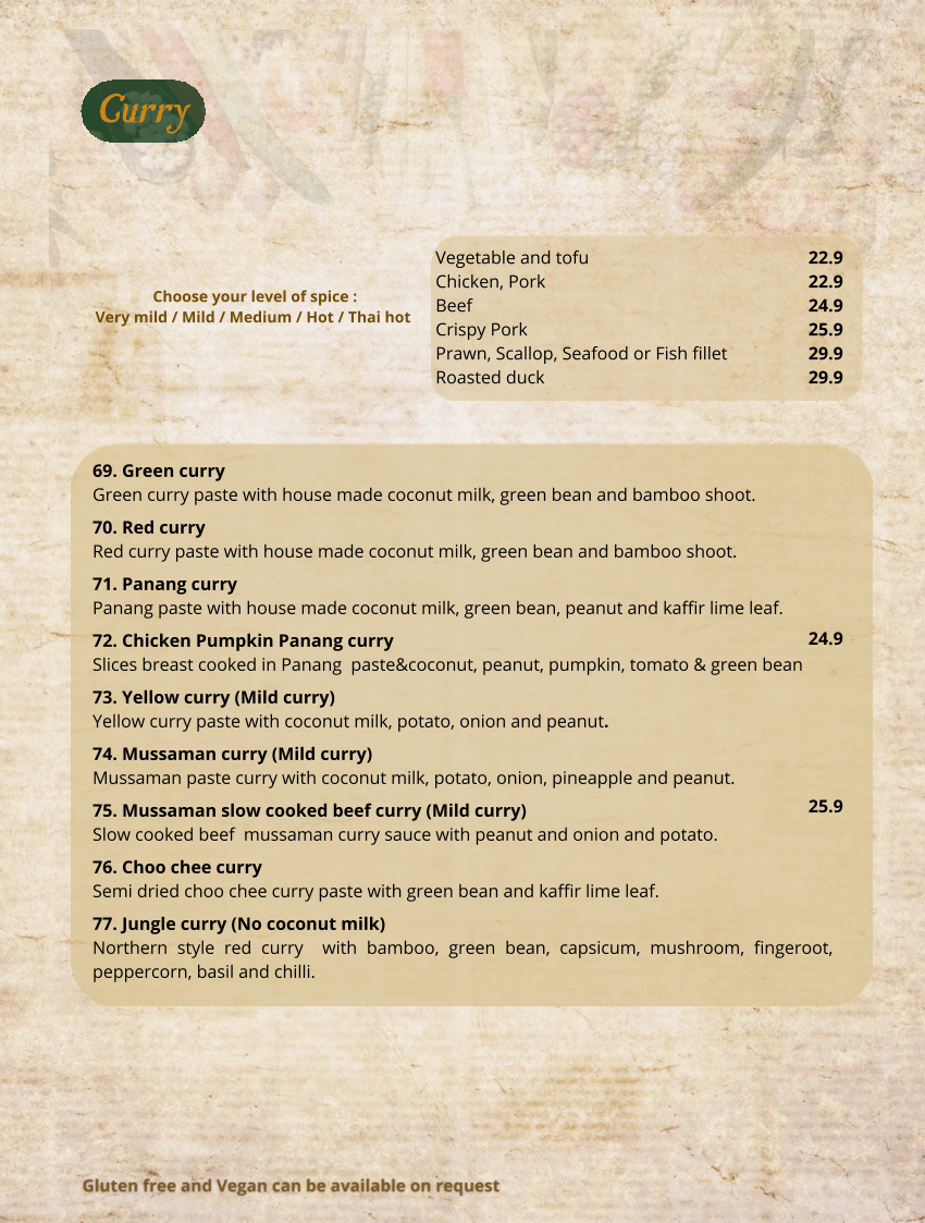Menu, Siam Samrarn Thai Restaurant Brisbane