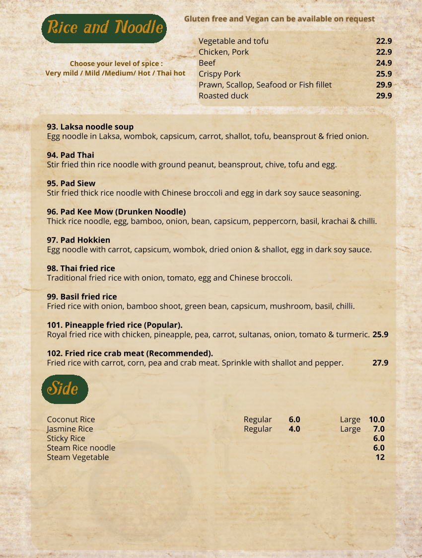 Menu, Siam Samrarn Thai Restaurant Brisbane