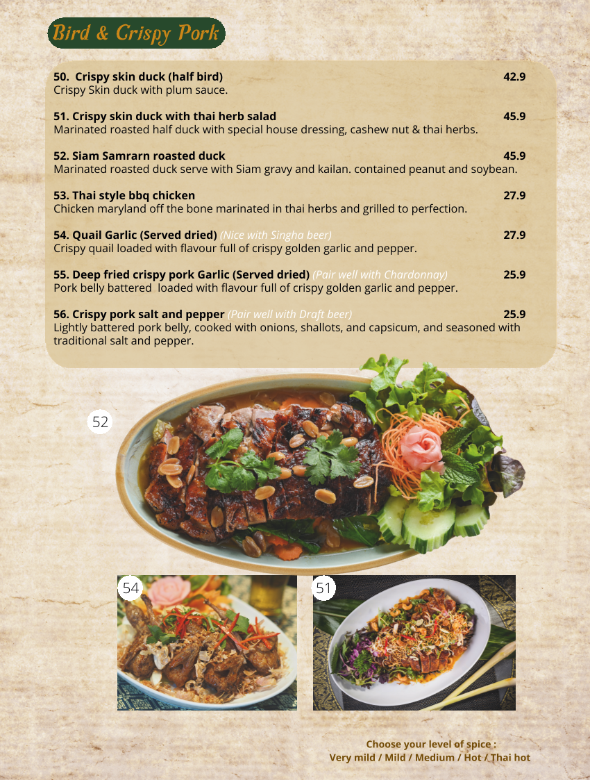 Menu, Siam Samrarn Thai Restaurant Brisbane