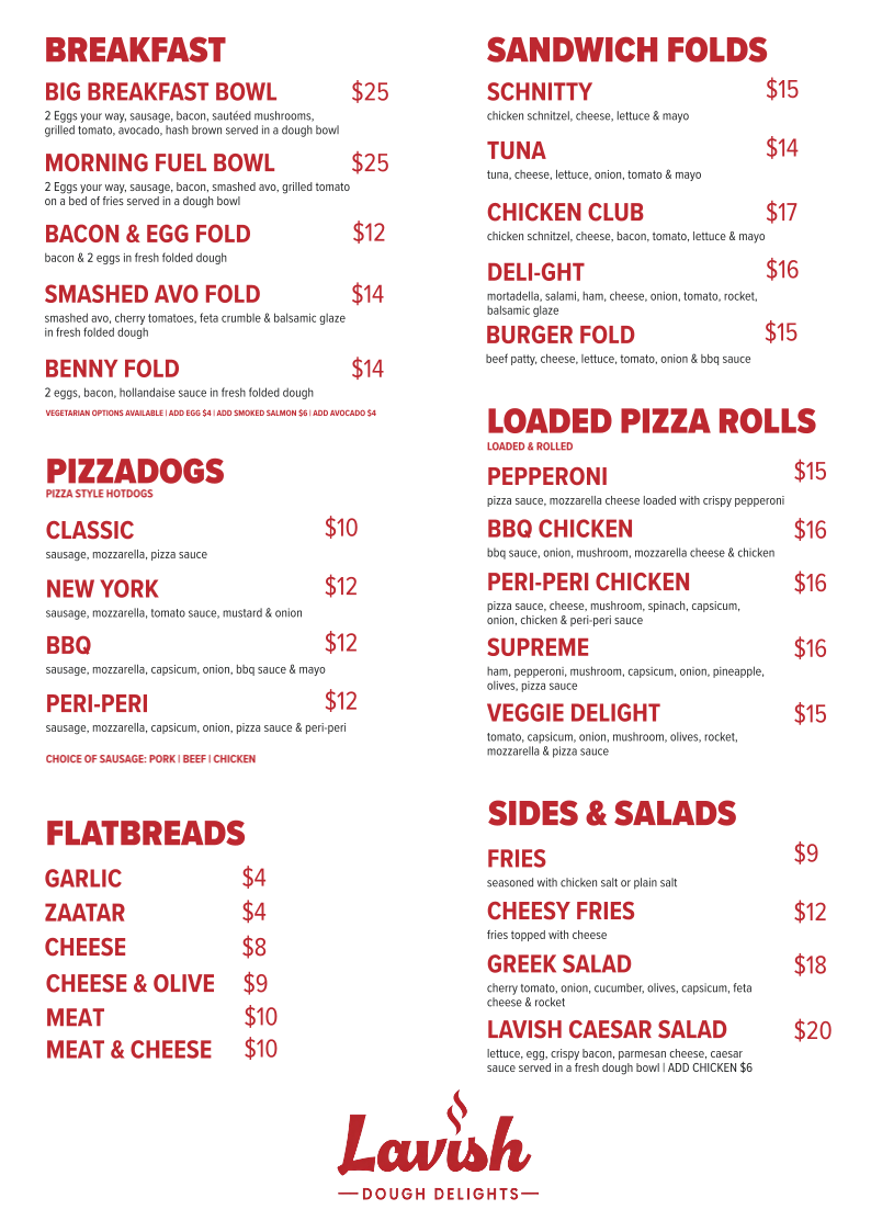 Menu, Lavish Dough Delights