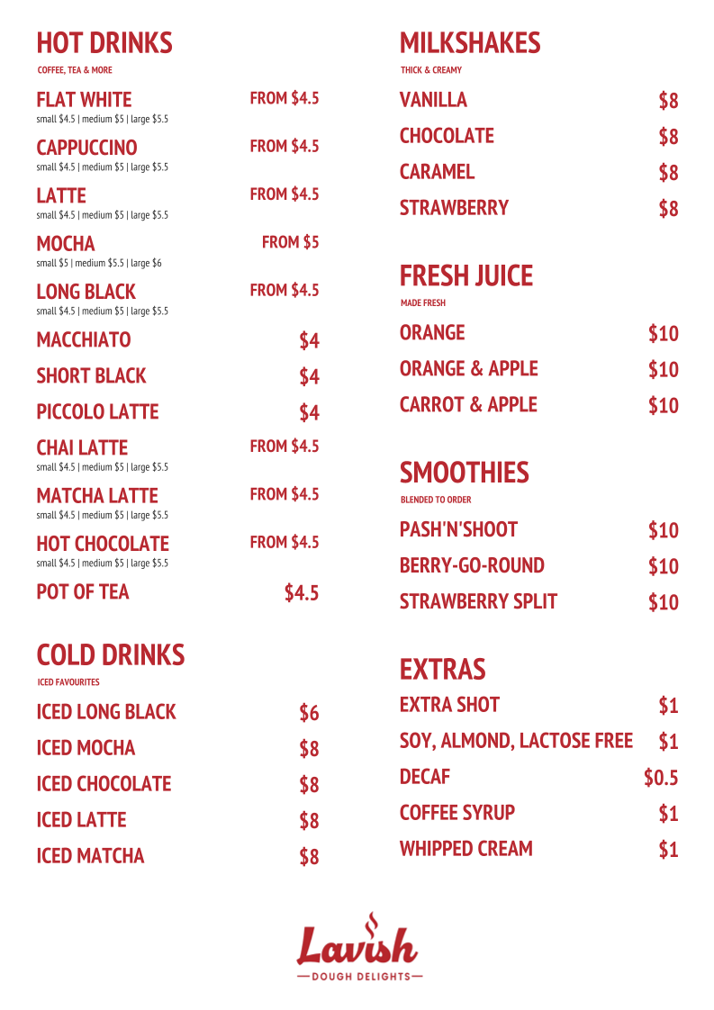 Menu, Lavish Dough Delights