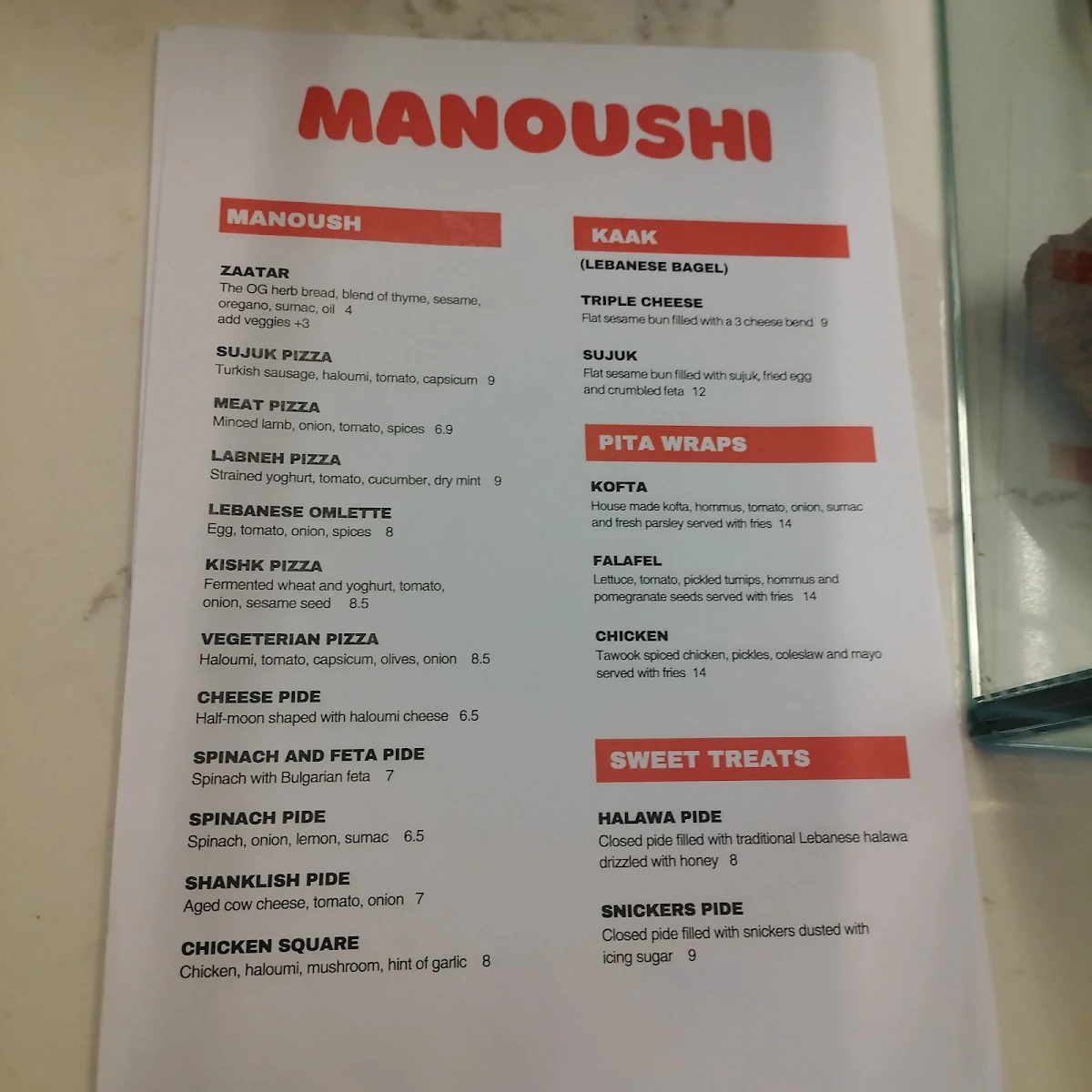 Menu, Manoushi