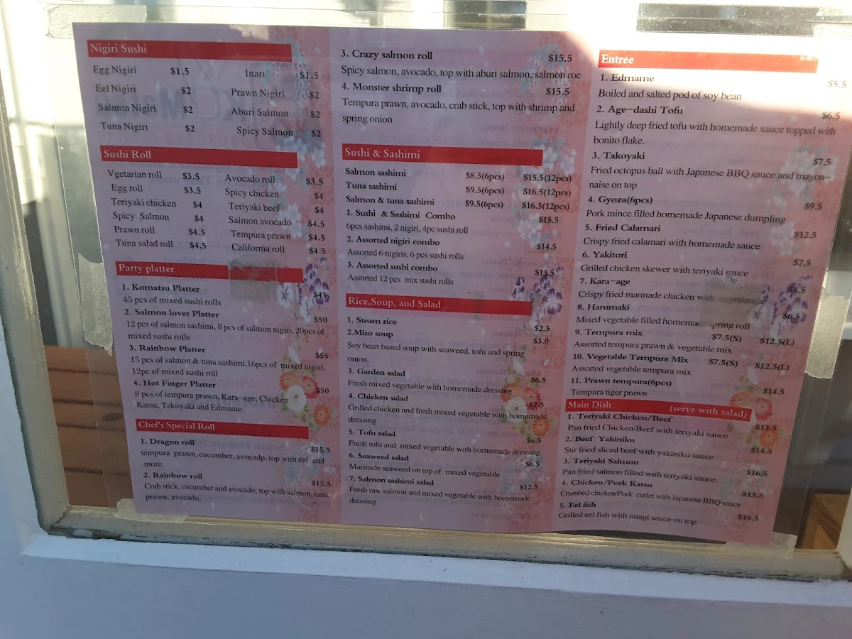 Menu, Komatsu Japanese Cuisine