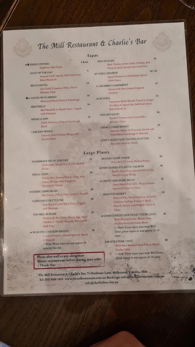 Menu, The Mill Restaurant