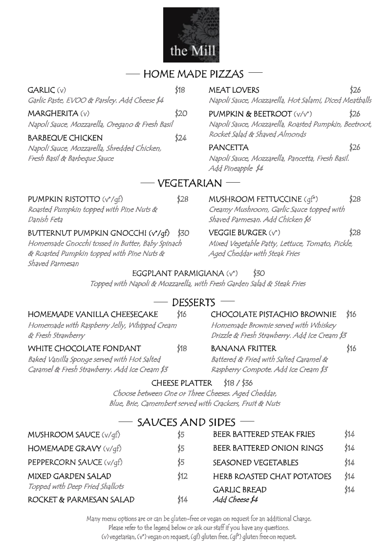 Menu, The Mill Restaurant