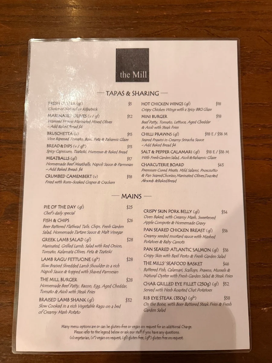 Menu, The Mill Restaurant