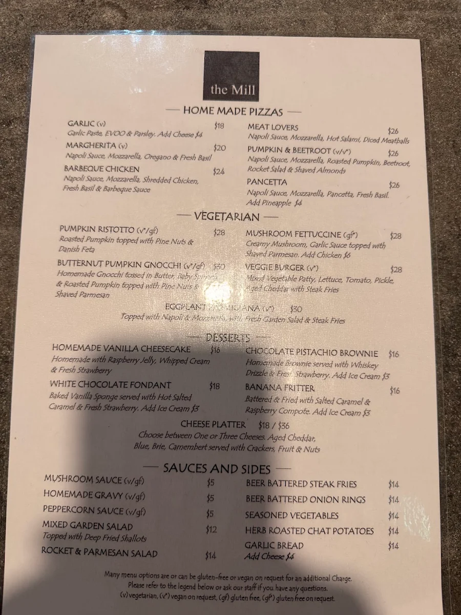 Menu, The Mill Restaurant