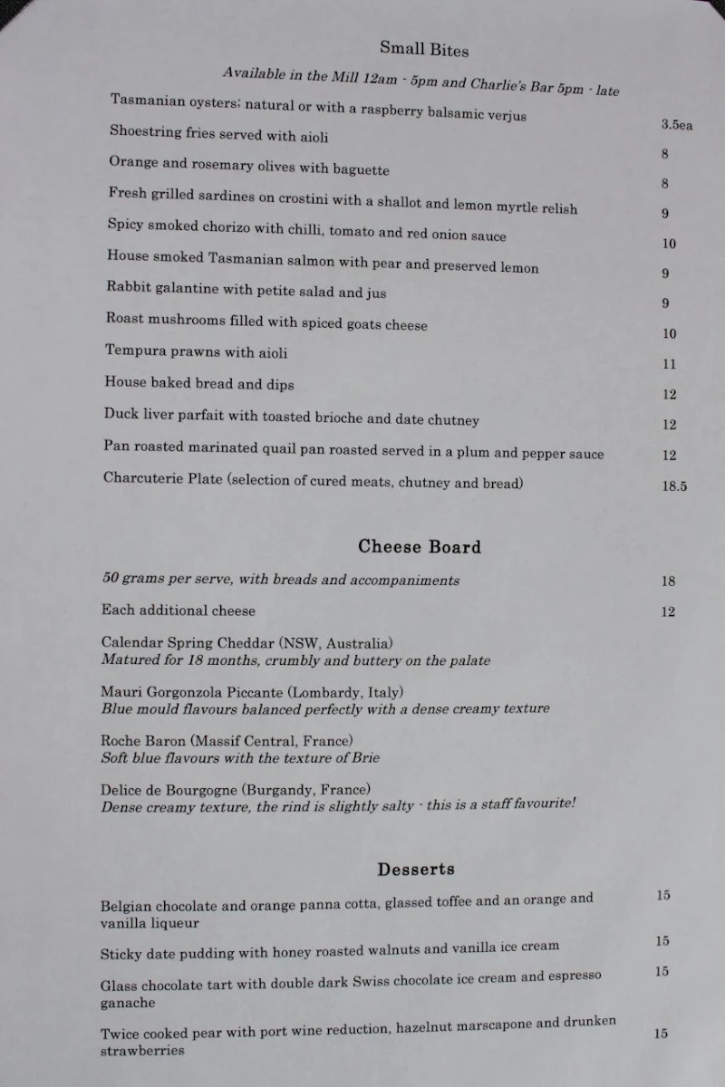 Menu, The Mill Restaurant