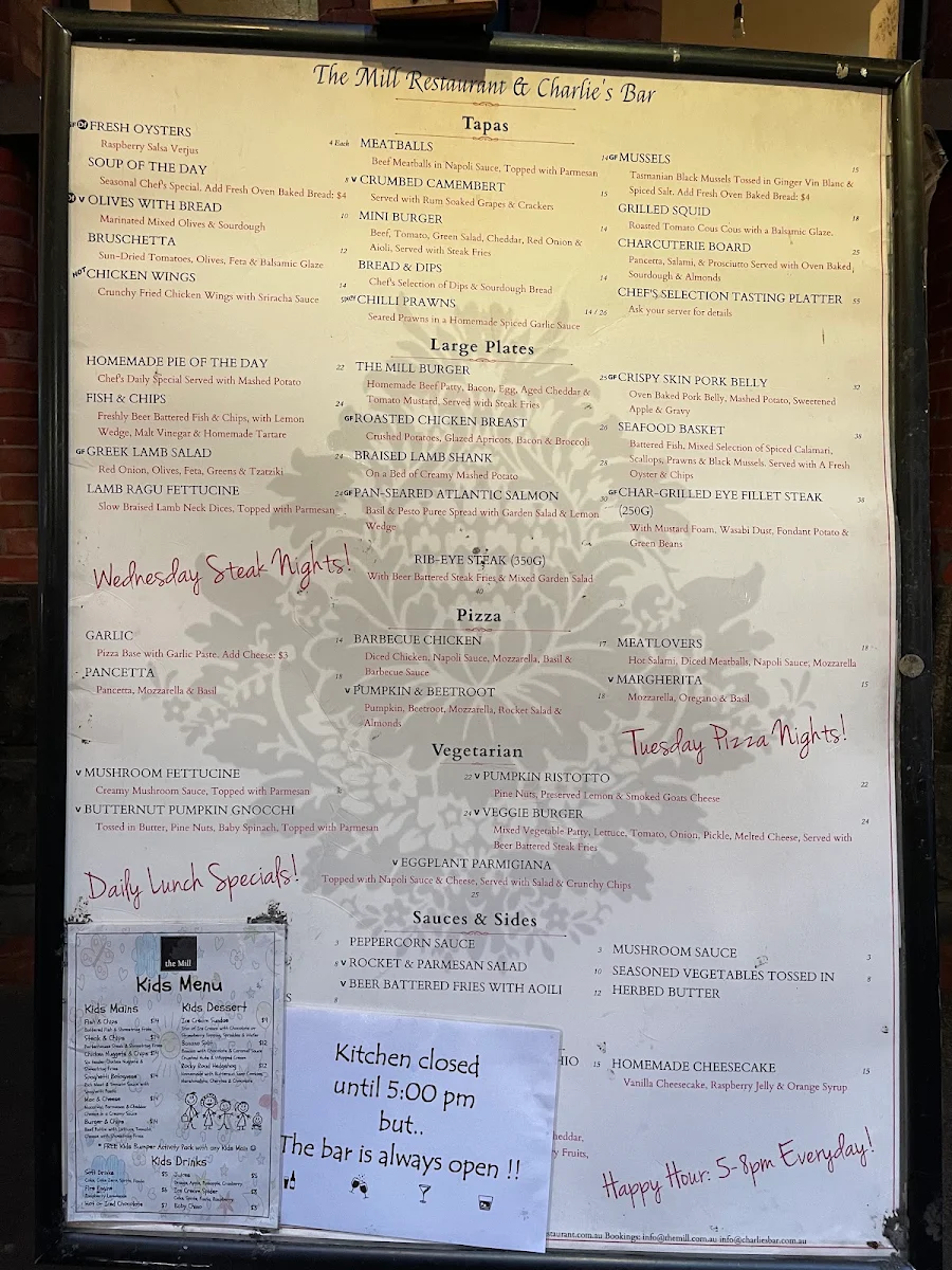 Menu, The Mill Restaurant