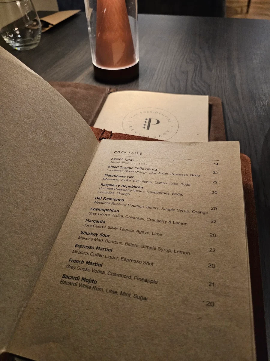 Menu, Presidential Restaurant & Bar