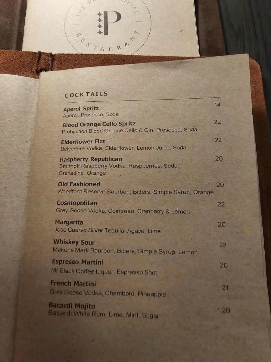 Menu, Presidential Restaurant & Bar