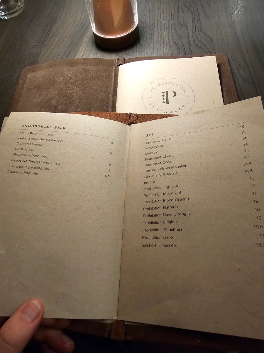 Menu, Presidential Restaurant & Bar