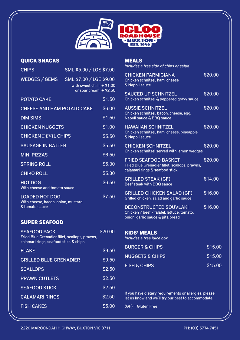 Menu, Igloo Roadhouse