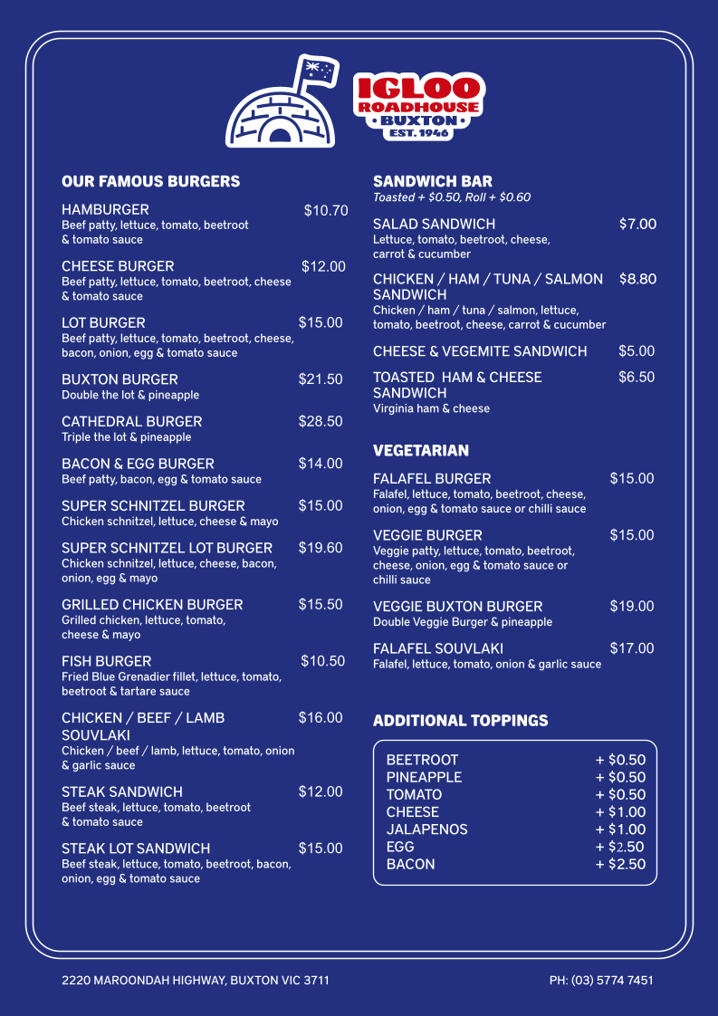 Menu, Igloo Roadhouse