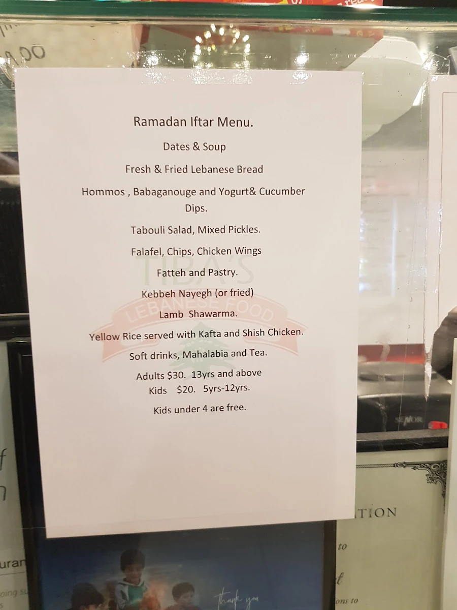Menu, Tiba's Restaurant Roxburgh Park