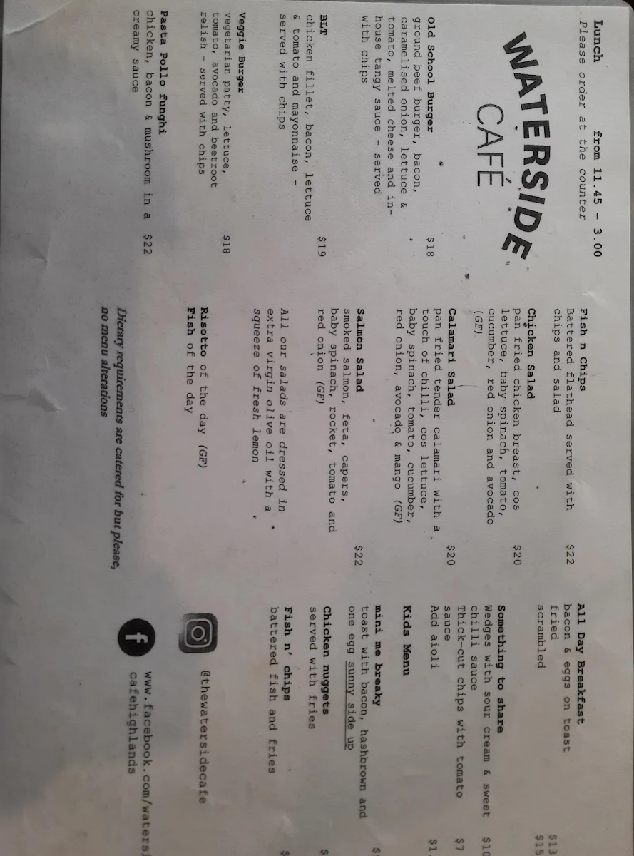 Menu, Waterside Cafe