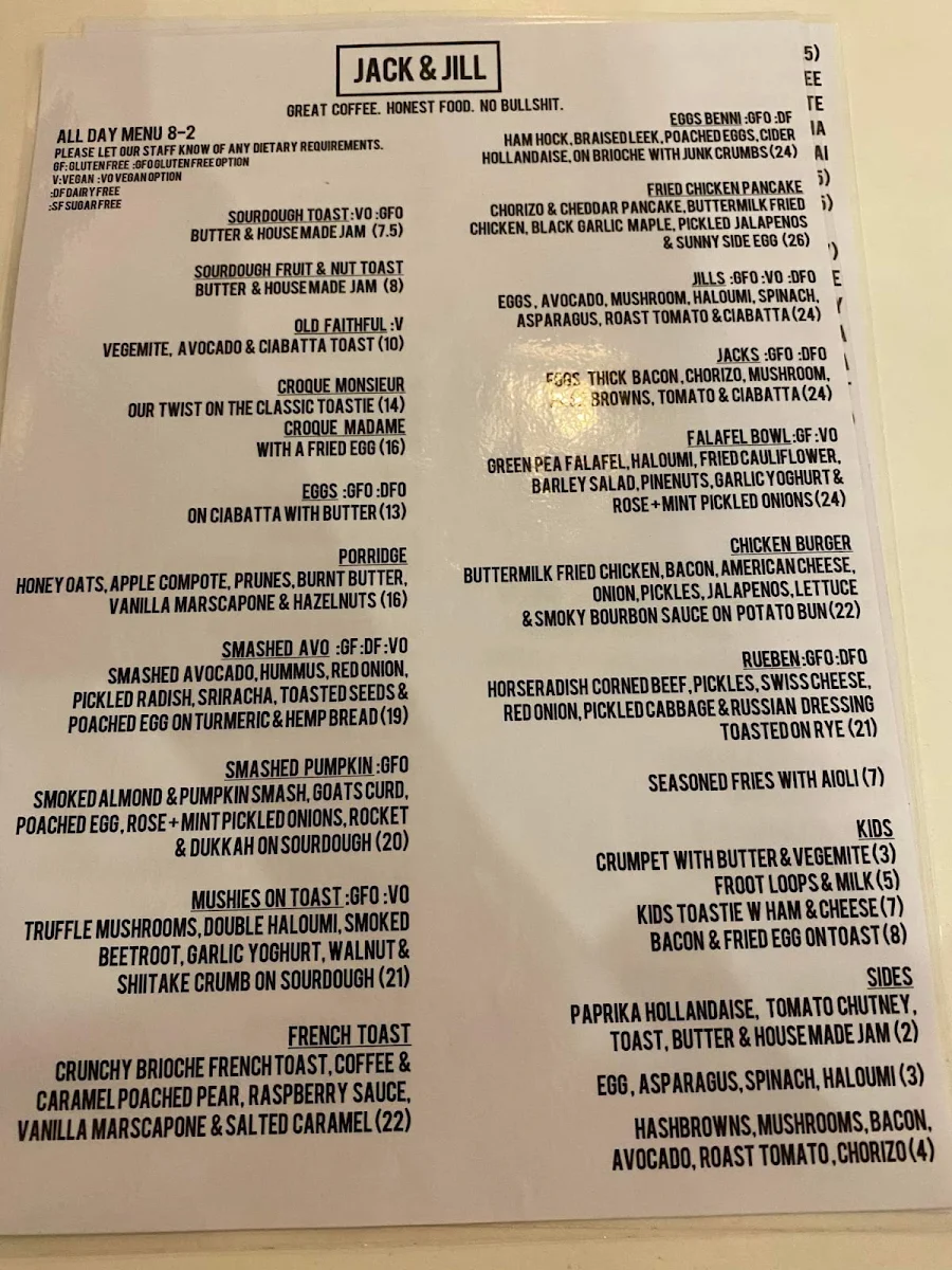 Menu, Jack & Jill Kitchen