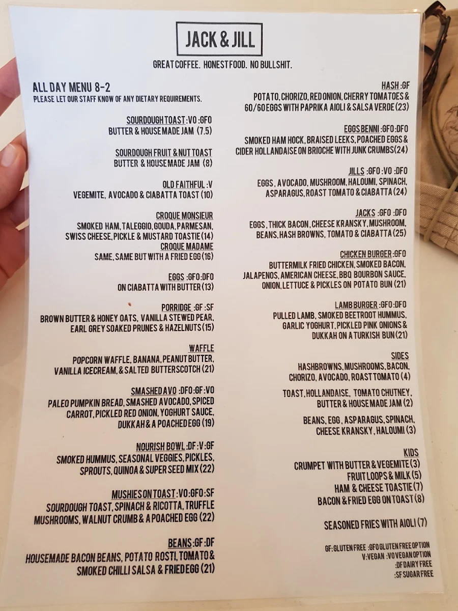 Menu, Jack & Jill Kitchen