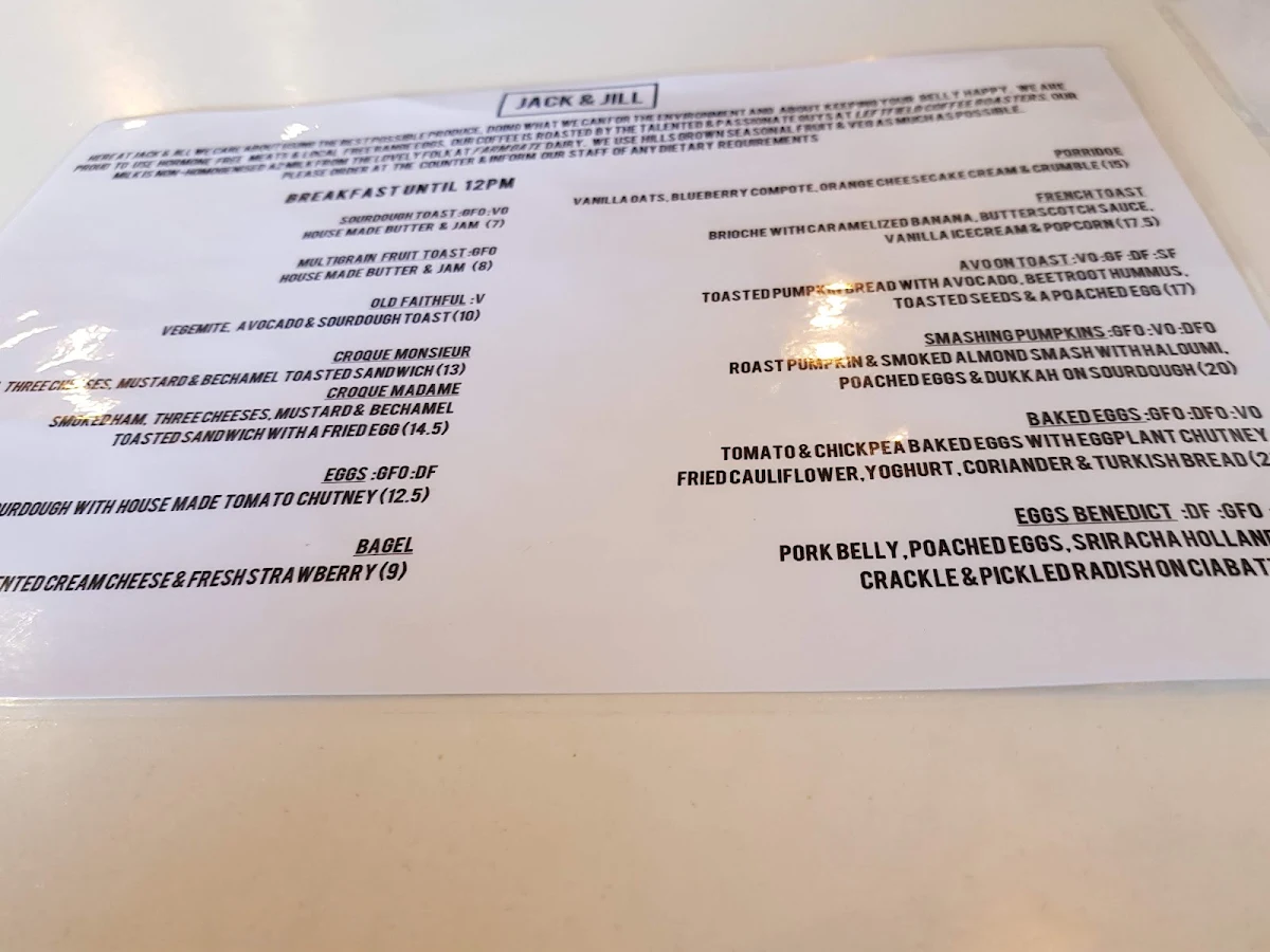 Menu, Jack & Jill Kitchen