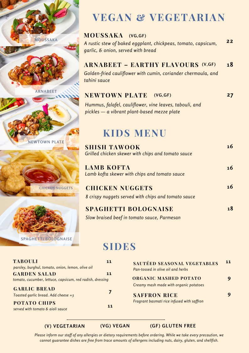 Menu, Missony bar & Restaurant Newtown